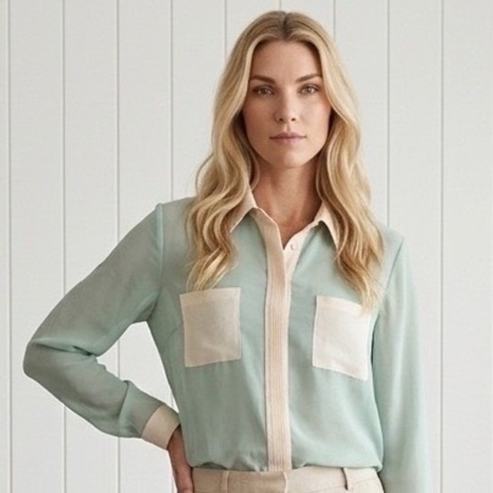 Ark & Co Sage Green Cream Colorblock Sheer High Low Blouse Clueless Feminine M